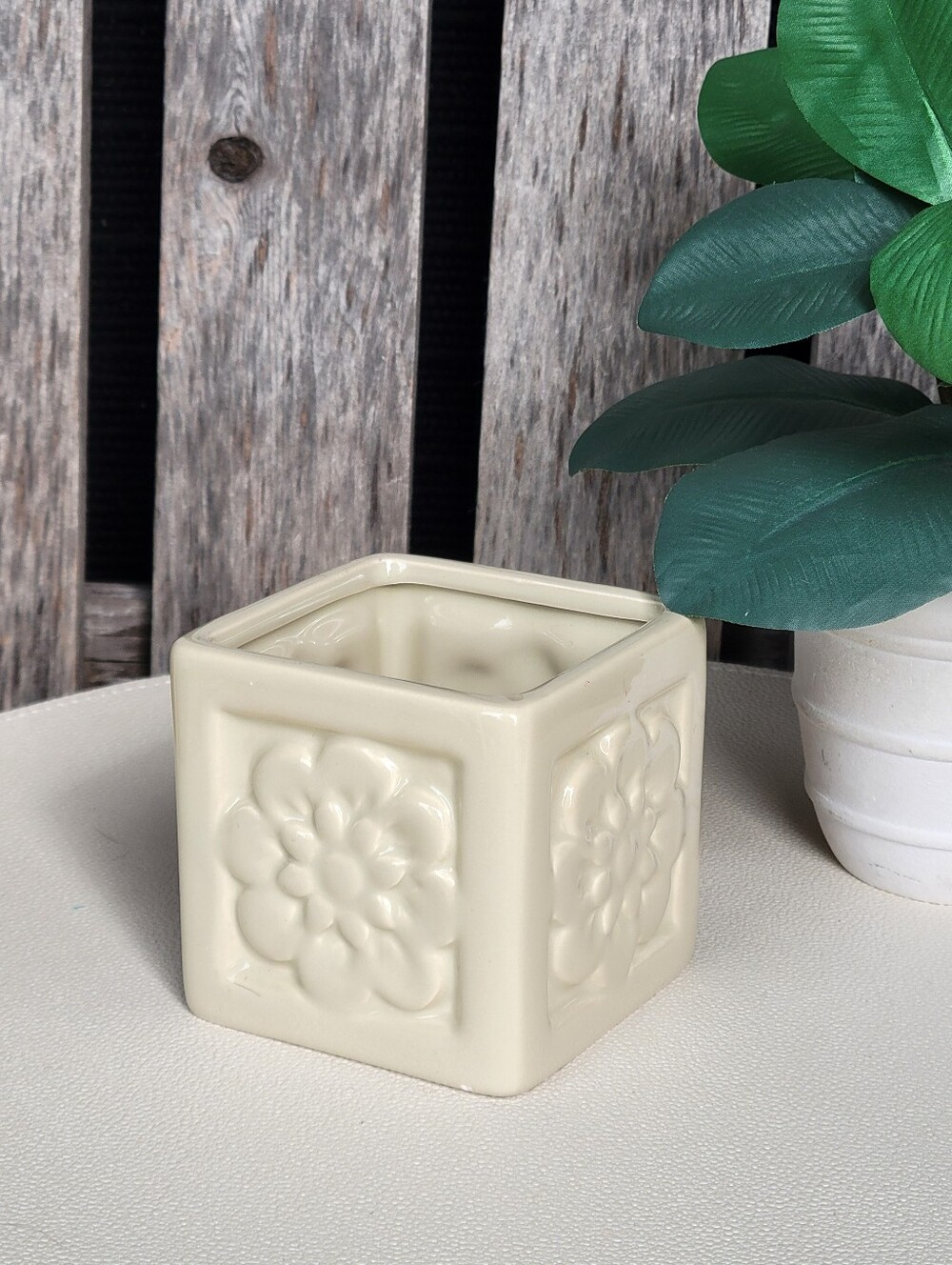 Embossed Floral Ivory Square Ceramic Container